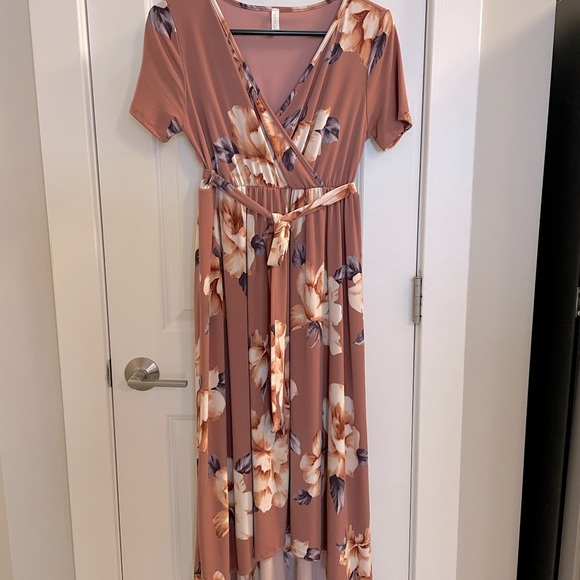 PinkBlush hi-lo maternity wrap dress in rust color with beautiful white flowers. - Picture 2 of 4